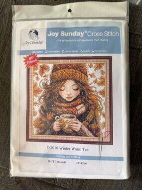 Fall Woman Tea Joy Sunday Pre-Printed Cross Stitch Kit 11ct Aida - NEW